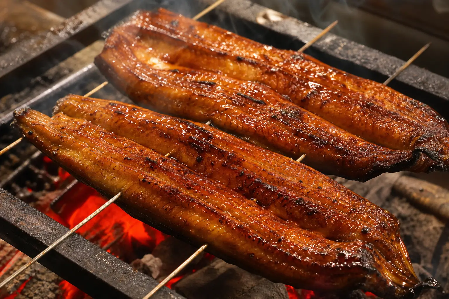 炭火の上で串を打って焼かれるうなぎの蒲焼のイメージ